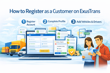 Registrierung als Kunde auf der ExusTrans Plattform mit Unternehmensverifizierung, Profilerstellung und Transportmanagement