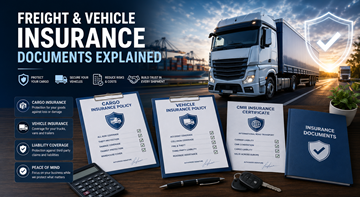 Fracht- und Fahrzeugversicherungsdokumente mit Lkw-Ladungstransport und Logistikschutz-Konzepten in Europa